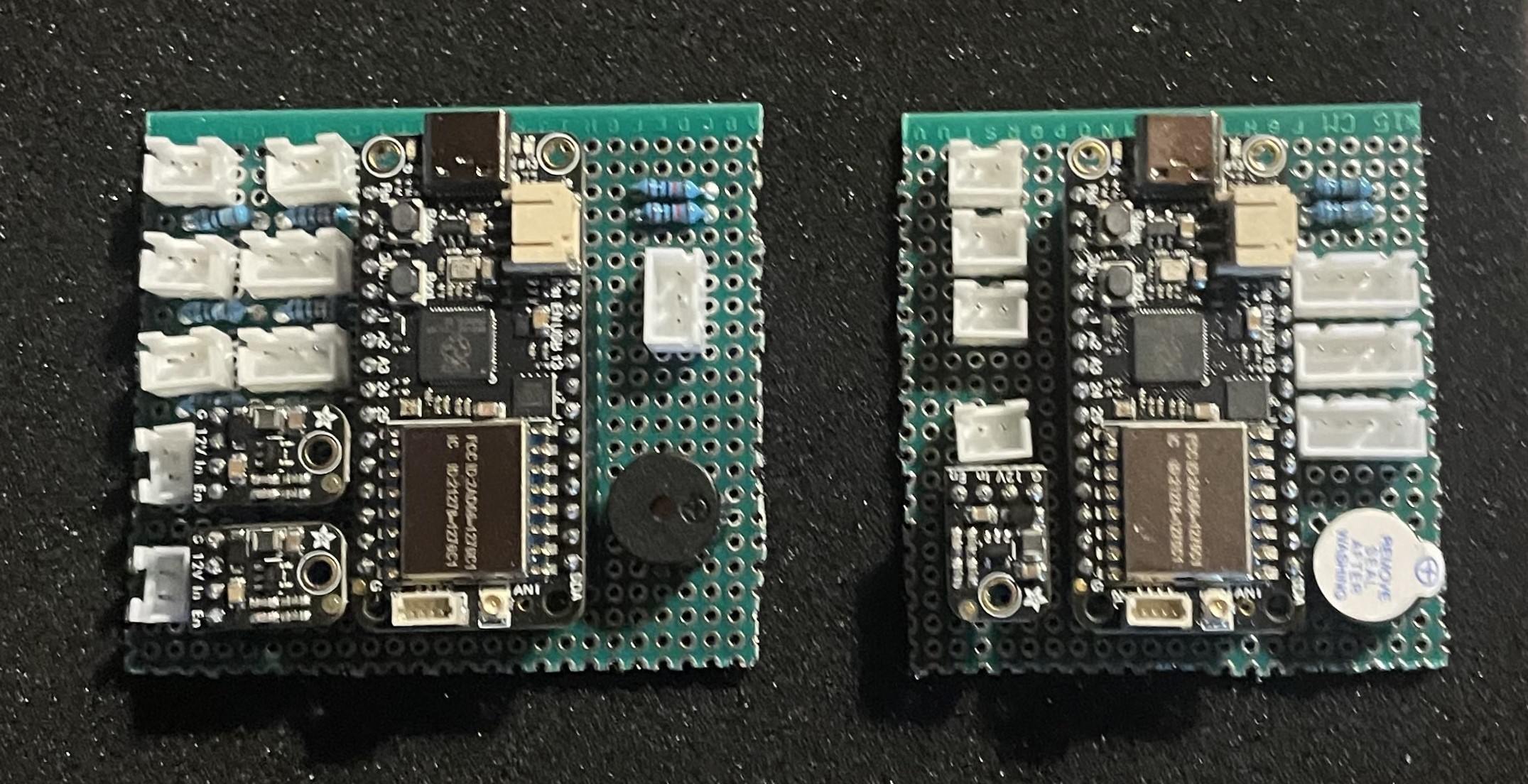 Both pcbs hand assembled to control the two launch boxes